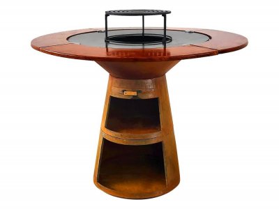 PURLINE Barbecue rond corten &Oslash;80 cm avec plaque acier grill et tablette bois  EFP59CO WOOD