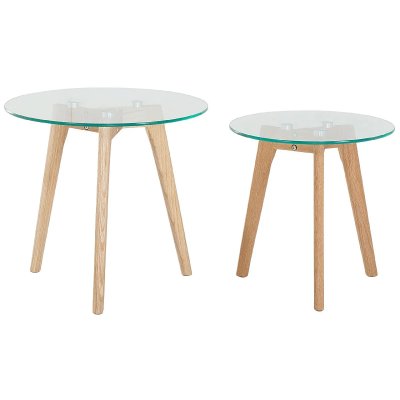 Beliani - Lot de 2 Tables d'Appoint Rondes en Verre Tremp&eacute; Solide et Bois Clair Missouri