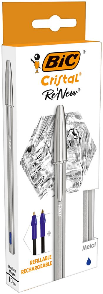 BIC  Cristal Re&acute;new Stylo-bille Rechargeable Argent&eacute; Noir-