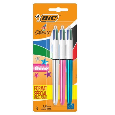 BIC  Shine Stylo-Bille R&eacute;tractable Couleurs Assorties Blister De 3
