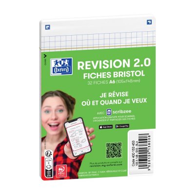 OXFORD Bloc de 32 Fiches Bristol  R&eacute;vision 2.0 A6 Q5 Blanc