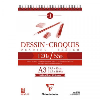 CLAIREFONTAINE Bloc Dessin Croquis Spirale A3 - 120g - 50 feuilles - 