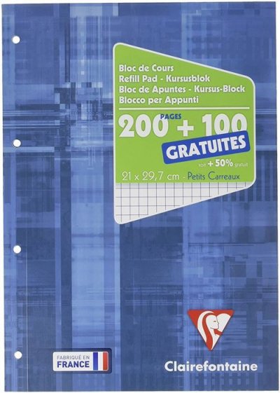 CLAIREFONTAINE Bloc encoll&eacute; perf. grand c&ocirc;t&eacute; 21x29.7cm 200 pages + 100 gratuites 5x5