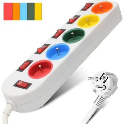 FISHTEC Bloc Multiprise Couleur - Interrupteur pour chaque sortie + 5 stickers - Cable 1,5 m - Normes nf