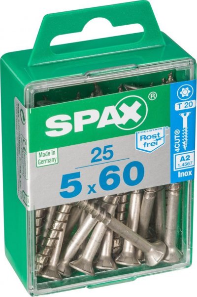 SPAX Bo&icirc;te 25 Unit&eacute;s. Vis A Bois  Cab. Plat Inox A2 5.0x60mm 