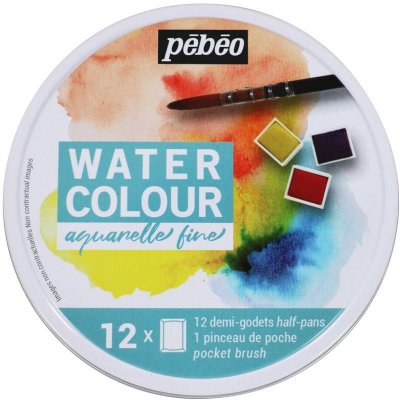 PEBEO Bo&icirc;te ronde de 12 demi-godets aquarelle + pinceau &agrave; eau #0
