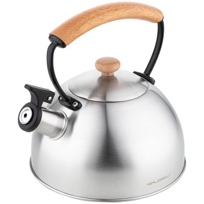 FLORINA Bouilloire &agrave; Induction Th&eacute;i&egrave;re Sifflet 2,3L Acier Inox. Poign&eacute;e en Bois,, Wooden, , Argent