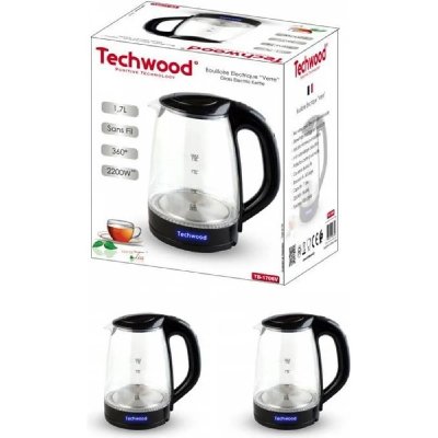 TECHWOOD Bouilloire - Th&eacute;i&egrave;re &eacute;lectrique en VERRE 2200W 1,7 l ELEMENT INOX Fontaine &agrave; Eau chaude.