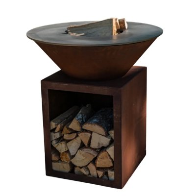 GRILL CHIC Bras&eacute;ro plancha avec meuble range bois Le Classique en corten 80x90 Barbecue d'ext&eacute;rieur Grill'Chic