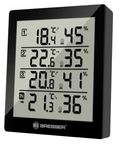 BRESSER  - Thermo/hygrom&egrave;tre Quadro - Noir - 3 capteurs ext&eacute;rieurs