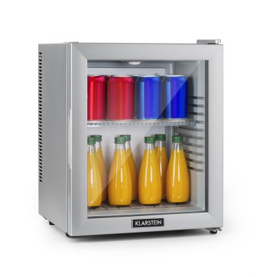 KLARSTEIN Brooklyn 24 Silver Mini r&eacute;frig&eacute;rateur CEE E porte vitr&eacute;e LED clayette argent 