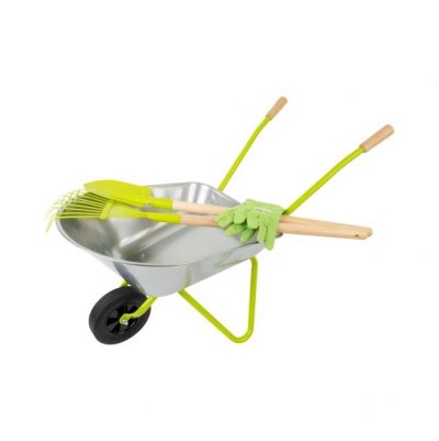 LEGLER Brouette avec outils de jardin, y compris gants, b&ecirc;che et r&acirc;teau