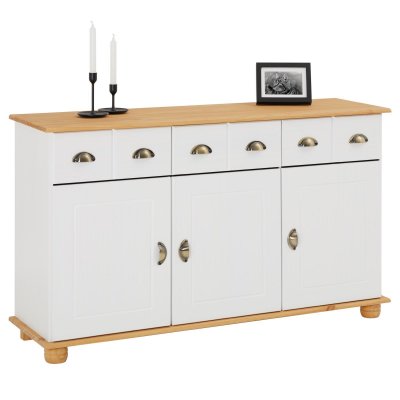 Buffet COLMAR en pin massif, 3 tiroirs et 3 portes, lasur&eacute; blanc et brun