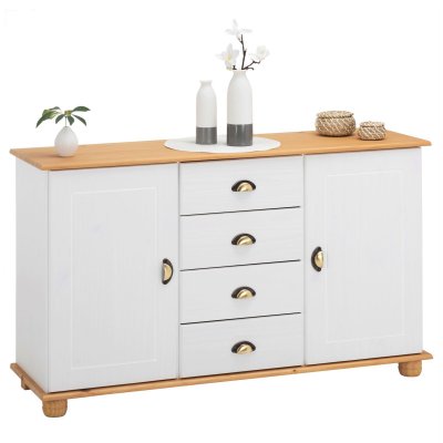 Buffet COLMAR en pin massif, 4 tiroirs et 2 portes, lasur&eacute; blanc et brun