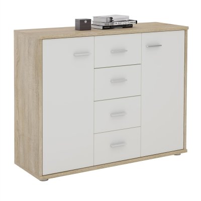 Buffet ELODIE, en m&eacute;lamin&eacute; d&eacute;cor ch&ecirc;ne sonoma et blanc mat 