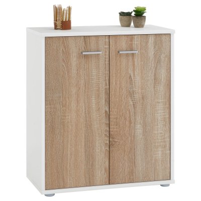 Buffet FIRMIN, en m&eacute;lamin&eacute; blanc mat et d&eacute;cor ch&ecirc;ne sonoma