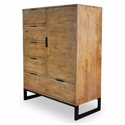 Buffet Haut 5 Tiroirs Et 1 Porte Battante Panara Bois Ch&ecirc;ne Clair 