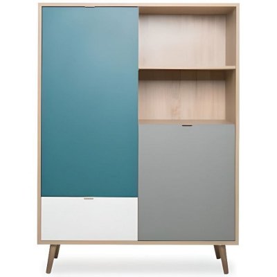 Buffet haut scandinave ARUBA Ch&ecirc;ne, bleu, gris et blanc