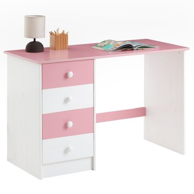 IDIMEX Bureau ARNE avec 4 tiroirs, en pin massif lasur&eacute; blanc et rose