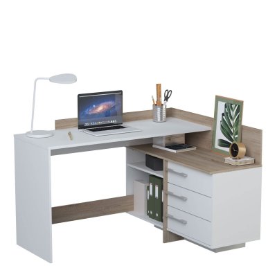 Bureau avec retour 3 tiroirs THALES 2 coloris ch&ecirc;ne bross&eacute;/ blanc