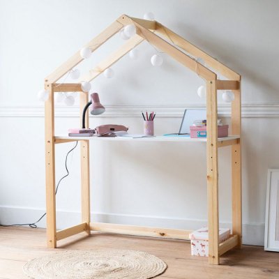 HAPPY GARDEN Bureau cabane &eacute;volutif style scandinave bois avec plateau blanc