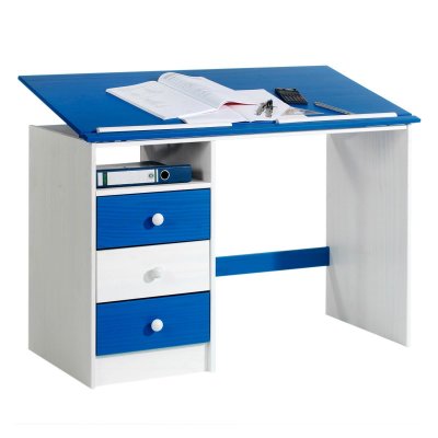 IDIMEX Bureau enfant 3 tiroirs lasur&eacute; blanc bleu