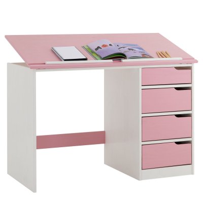 IDIMEX Bureau enfant EMMA, en pin massif, 4 tiroirs et plateau inclinable, lasur&eacute; blanc et rose