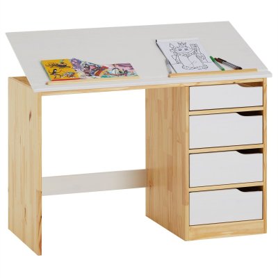 IDIMEX Bureau enfant EMMA, en pin massif, 4 tiroirs et plateau inclinable, naturel et lasur&eacute; blanc