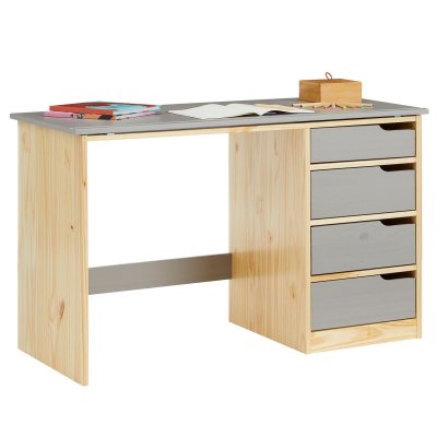 IDIMEX Bureau enfant EMMA, en pin massif, 4 tiroirs et plateau inclinable, naturel et lasur&eacute; gris