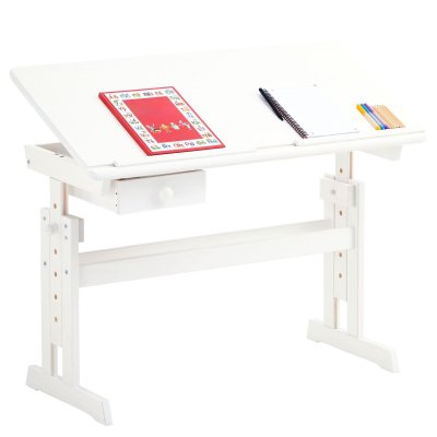IDIMEX Bureau enfant FLEXI, en pin massif, r&eacute;glable en hauteur et plateau inclinable, lasur&eacute; blanc