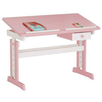 IDIMEX Bureau enfant FLEXI, en pin massif, r&eacute;glable en hauteur et plateau inclinable, lasur&eacute; blanc et rose