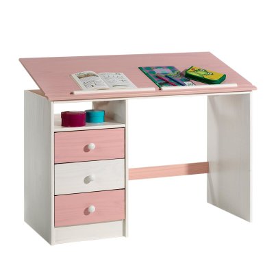 IDIMEX Bureau enfant KEVIN, en pin massif, 3 tiroirs et plateau inclinable, lasur&eacute; blanc et rose