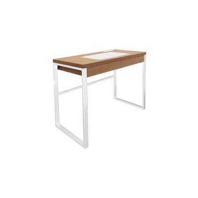 Bureau industriel en bois et m&eacute;tal avec tiroir bois et blanc