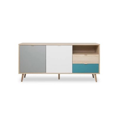 But Buffet scandinave ARUBA Ch&ecirc;ne, bleu, gris et blanc