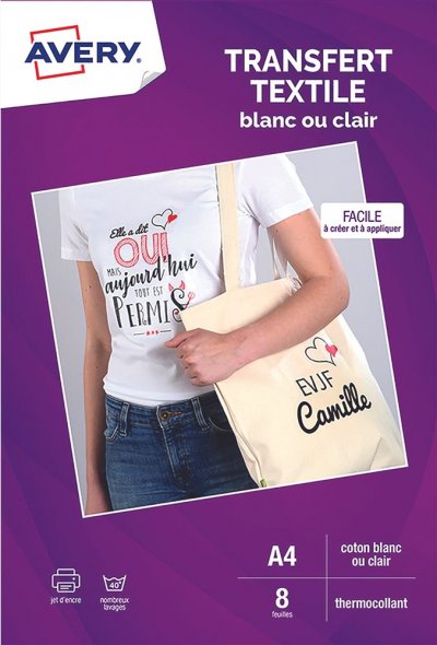 AVERY C9405-8 - 8 transferts pour textiles blancs ou clairs, A4 -
