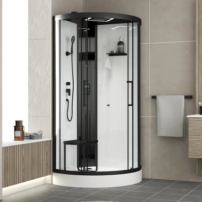 AURLANE Cabine de douche 1/4 de cercle 95x95x218 cm - fonction hammam, jets hydromassants, led et bluetooth