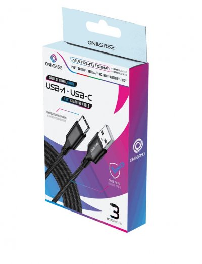 ONIVERSE C&acirc;ble de charge rapide tress&eacute;  USB-A vers USB-C 3 m Noir