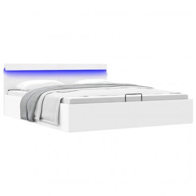 Cadre de lit &agrave; rangement avec led blanc similicuir 180x200 cm cadre 2 personnes 