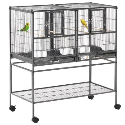 PAWHUT Cage &agrave; oiseaux avec s&eacute;paration mangeoire et perchoir 95L x 45l x 102H cm Noir et Gris