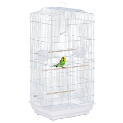 PAWHUT Cage &agrave; oiseaux voli&egrave;re avec mangeoires perchoirs plateau 2 portes blanc