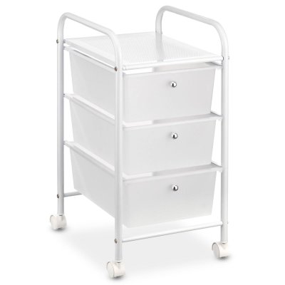 Caisson sur roulettes GINA, en m&eacute;tal laqu&eacute; blanc avec 3 tiroirs en plastique blanc