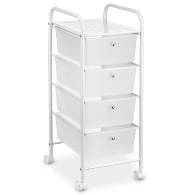 Caisson sur roulettes GINA, en m&eacute;tal laqu&eacute; blanc avec 4 tiroirs en plastique blanc