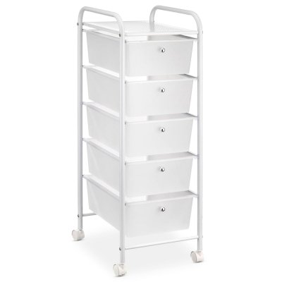 Caisson sur roulettes GINA, en m&eacute;tal laqu&eacute; blanc avec 5 tiroirs en plastique blanc