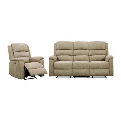 VENTE UNIQUE Canap&eacute; 3 places et fauteuil relax &eacute;lectrique en tissu beige NEVERS