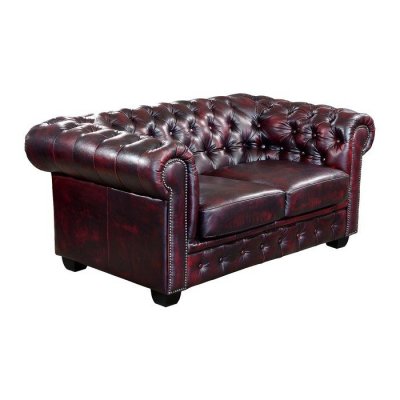 VENTE UNIQUE Canap&eacute; chesterfield 2 places BRENTON 100% cuir de buffle - Bordeaux