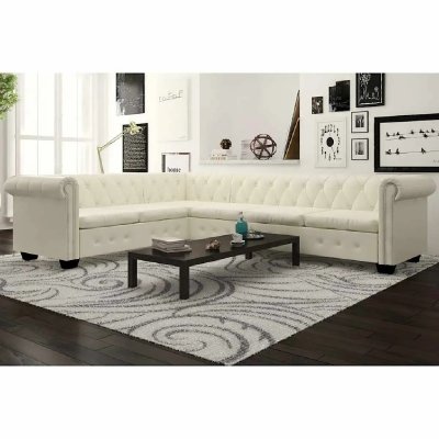 VIDAXL Canap&eacute; d'angle chesterfield 6 places cuir artificiel blanc