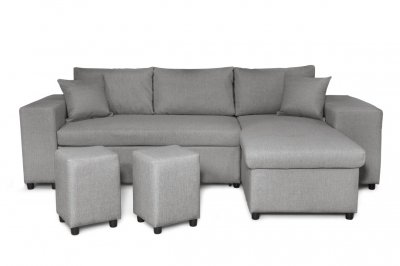 Canap&eacute; d'angle convertible gris clair avec rangement poufs &agrave; gauche