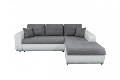 Canap&eacute; d'angle droit convertible bi-mati&egrave;re blanc/gris