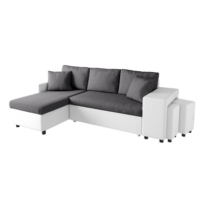 Canap&eacute; d'angle droit L200 Plus niche 2 poufs Blanc et gris
