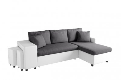 Canap&eacute; d'angle gauche L200 Plus niche 2 poufs Blanc et gris
